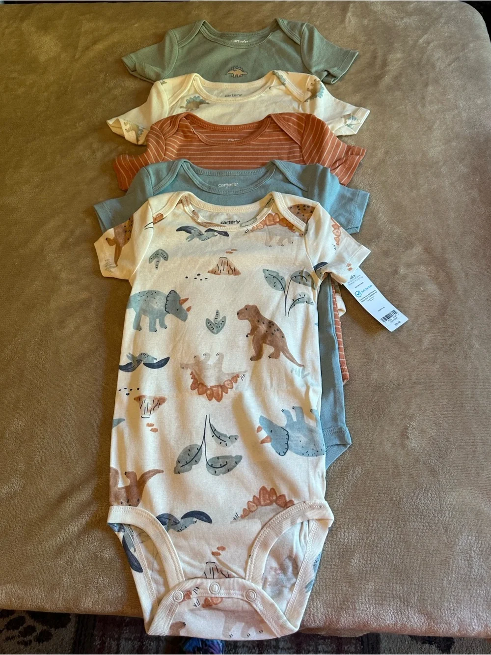 Carter's Baby Dinosaur Print Short Sleeve One-Piece Bodysuit - Cream & Blue Set
